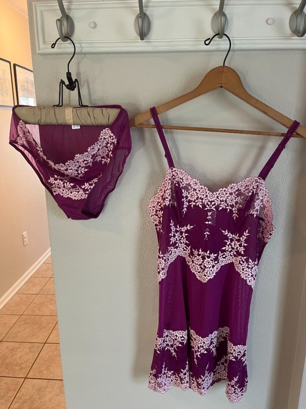 Wacoal Lace Embroidered Sheer Cami Top & Brief Set in Plum and Light Pink
